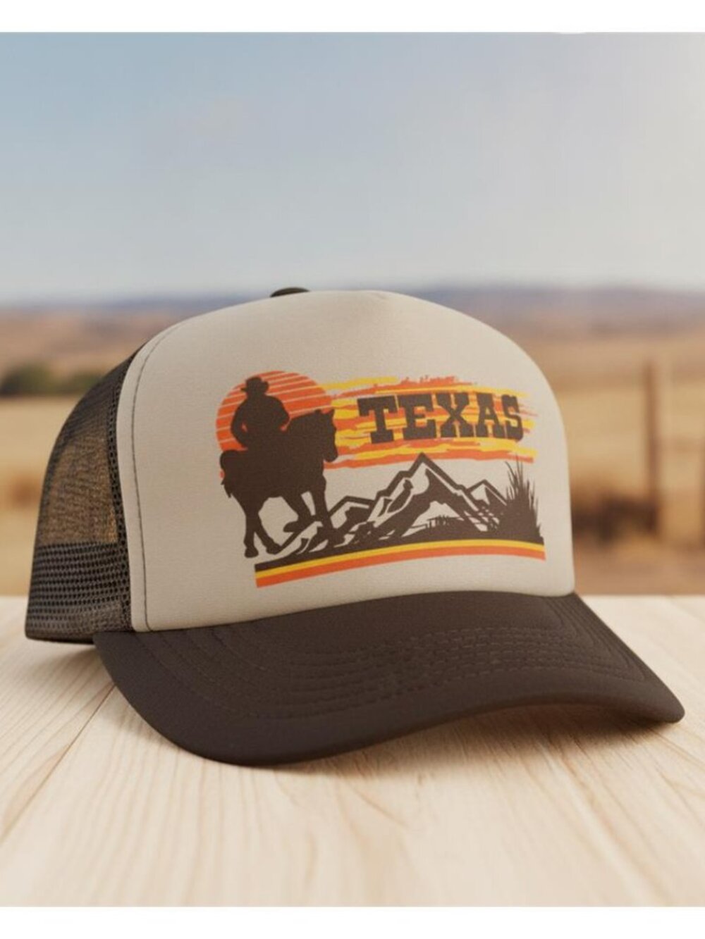 Retro Texas Cowboy Sunset Mountains Printed Foam Trucker Hat Brown New TX Pride